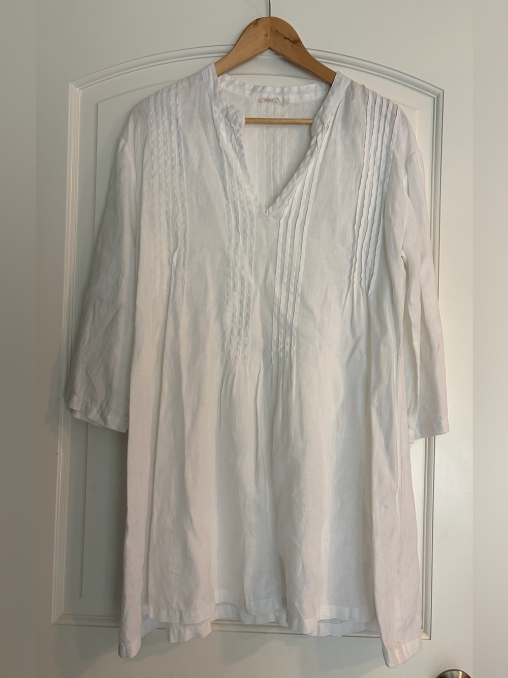 Dolma Women's 100% Linen White V Neck Pleated Boho Pin-tuck Tunic Top Sz M
